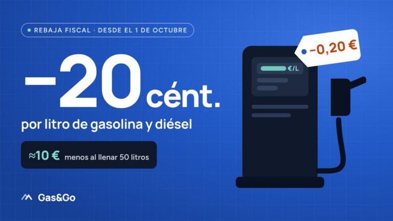 Surtidor con una etiqueta de -0,20 €: rebaja de 20 céntimos por litro de gasolina y diésel desde el 1 de octubre, unos 10 € menos al llenar 50 litros